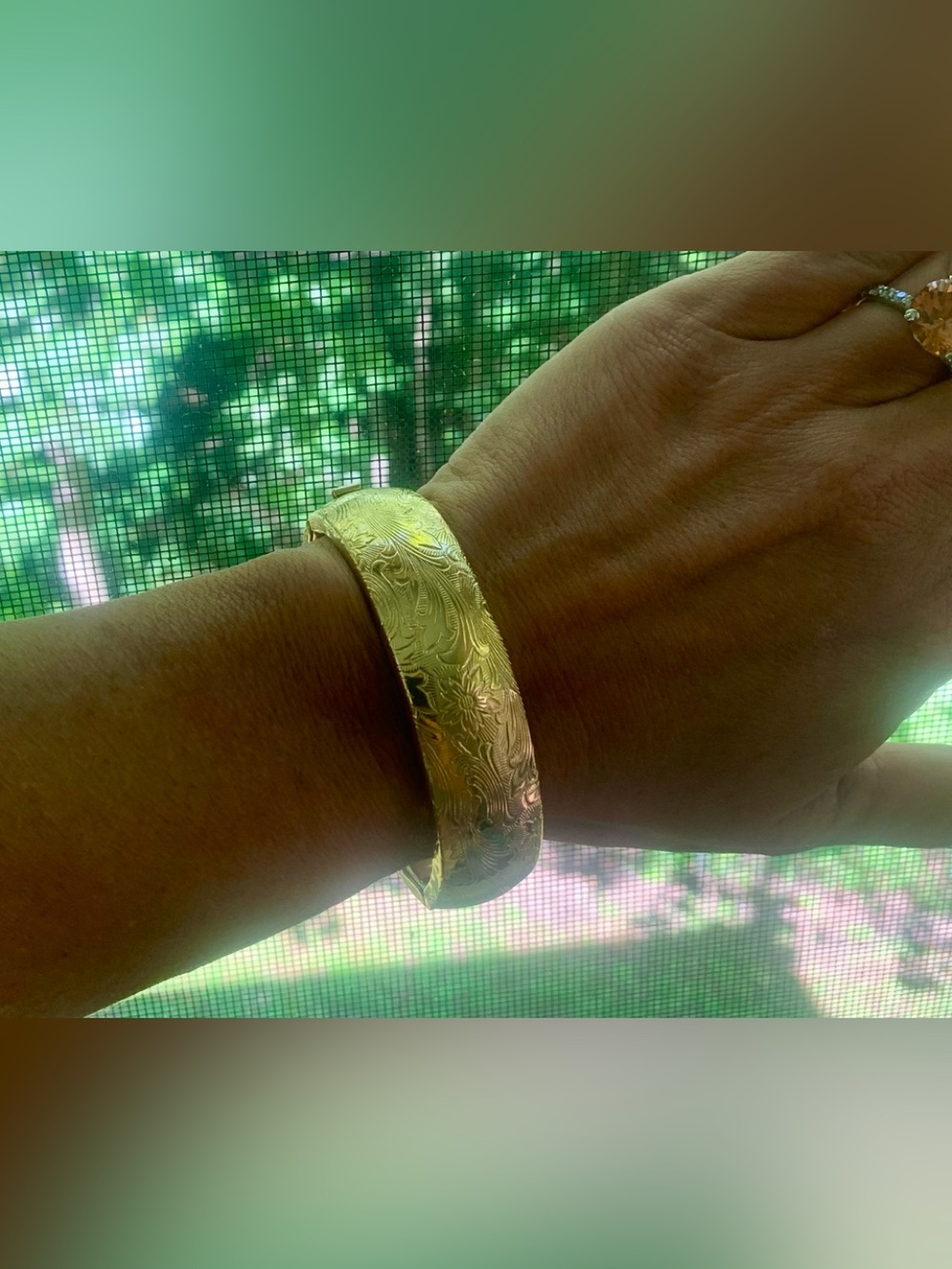Vintage Gold Tone Hinged Bangle Bracelet  Embossed Floral & Scroll